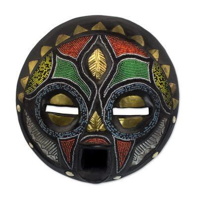 Ghanaian wood mask, 'Girl Grows Up' - Hand Beaded African Wood Mask