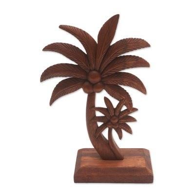 Coconut Trees,'Hand-Carved Wood Coconut Tree Statuette from Bali'