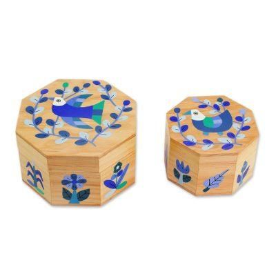 God's Nature in Blue,'Pair of Pinewood Decorative Boxes with Bird Motifs in Blue'