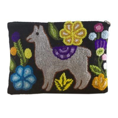 Llama Glam in Grey,'Llama Motif Black Wool Cosmetic Bag from Peru'