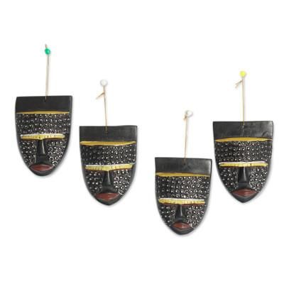 'Set of 4 Aluminum-Accented Sese Wood African Mask Ornaments'