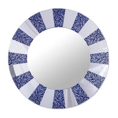 Blue Rays,'Circular Glass Wall Mirror in Blue from Peru'