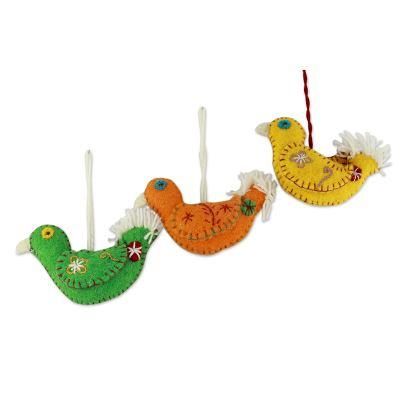 Wool ornaments, 'Song of Joy' (set of 3)