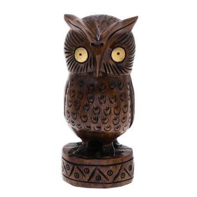 Wood statuette, 'Vigilant Owl'