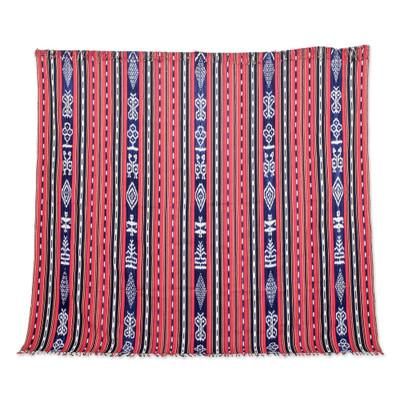 Rustic,'Red and Blue Striped Hand-Woven Cotton Throw Blanket'