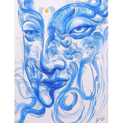 Relaxing Breath,'Original Thai Painting of Buddha in Blue on White'