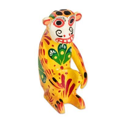 Yellow Monkey,'Small Yellow Monkey Figurine in Pinewood'