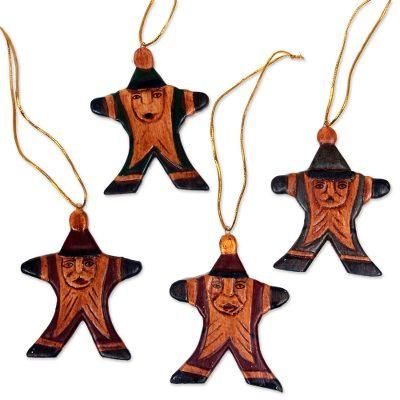 Wood ornaments, 'Happy Santa' (set of 4)