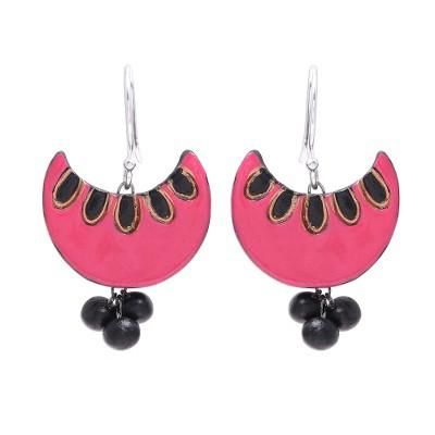 Pink Crescent,'Pink and Black Crescent Moon Ceramic Dangle Earrings'