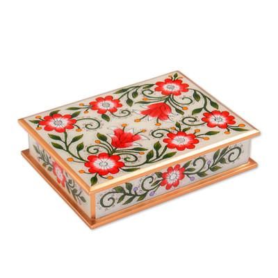 'Pink Floral Reverse-Painted Glass Decorative Box from Peru'