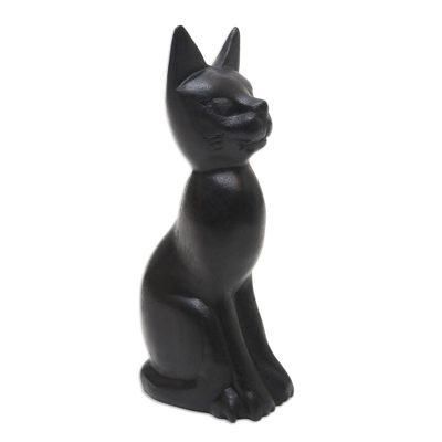 'Black Cat Sculpture Hand-Carved from Jempinis Wood in Bali'