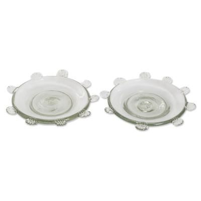 Feathers,'Pair of Blown Recycled Glass Dessert Plates from Guatemala'