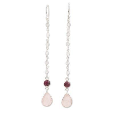 Tow the Line,'Garnet and Rose Quartz Dangle Earrings'