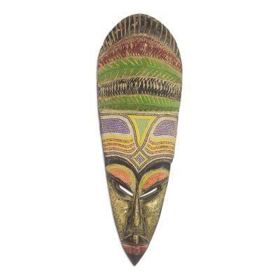 Beaded Mother,'African Sese Wood Mask with Intricate Multicolor Beading'