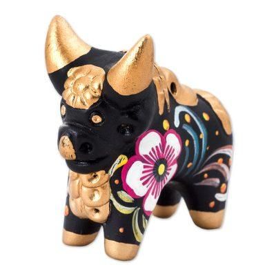 Little Black Pucara Bull,'Hand Painted Ceramic Floral Bull in Black from Peru'
