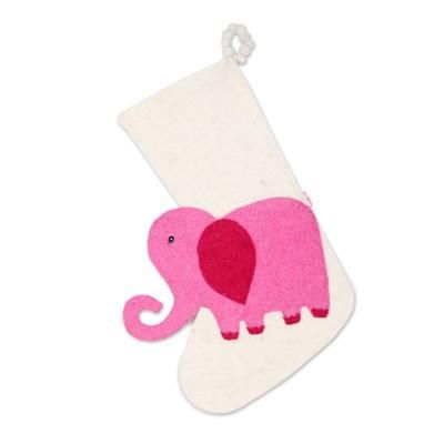 Holiday Elephant in Pink,'Ivory and Pink Elephant Christmas Stocking from India'
