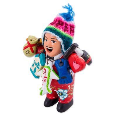 Ekeko of Abundance in Red,'Ceramic Ekeko Sculpture with Wool Cap from Peru'