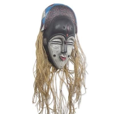 Teke,'Hand Carved African Sese Wood and Raffia Mask'