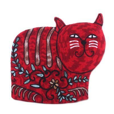 'Cat-Shaped Aari Embroidered Wool Tea Cozy in Red from India'