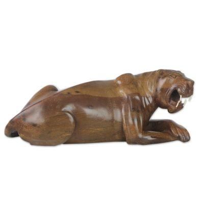 Thunderous Panther,'Ghanaian Artisan Handcarved Ebony Wood Panther Sculpture'