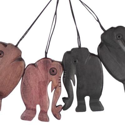 Jungle Jaunt,'Handcrafted Ebony Wood Walking Elephant Ornaments (Set of 4)'