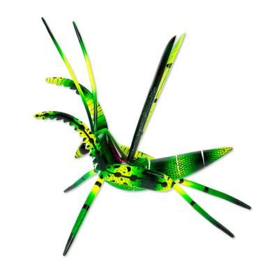Green Good Luck Cricket,'Wood Alebrije Cricket Sculpture in Green from Mexico'