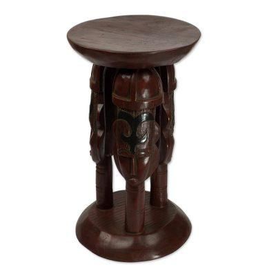 United Family in Brown,'Cedar Wood Round Brown Stool with Adinkra Symbols'
