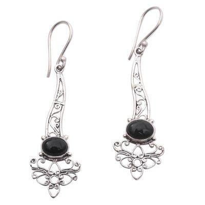 Midnight Garden Breeze,'Onyx Sterling Silver Floral Motif Scrollwork Dangle Earrings'