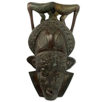 Bird Perch,'Ghana Wood Mask Hand Carved with Birds'