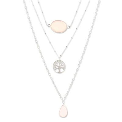 'Sterling Silver 3-Strand Pendant Necklace with Rose Quartz'