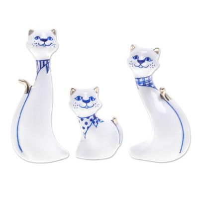 Cat Family,'Set of 3 Porcelain Cat Statuettes with Gilded Accents'