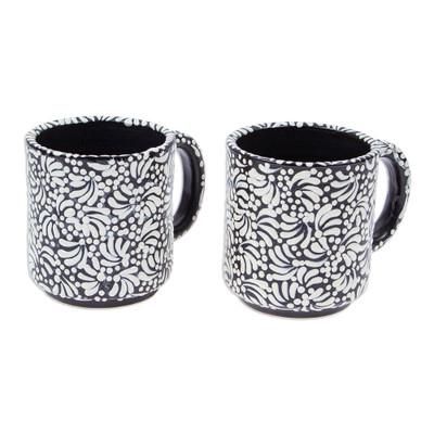 Spring Shadows,'Pair of Floral Talavera Ceramic Mugs in Black from Mexico'