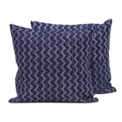 Navy Waves,'Two Wave Motif Embroidered Denim Cushion Covers from India'
