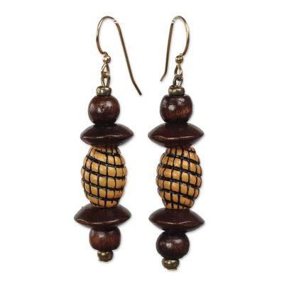 Eco Joy,'Wood and Recycled Plastic Beaded Dangle Earrings from Ghana'