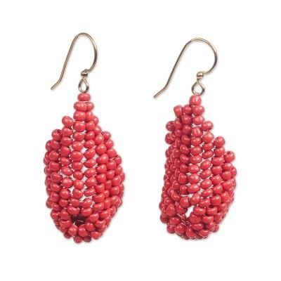 Red Curve,'Red Recycled Plastic Beaded Dangle Earrings from Ghana'