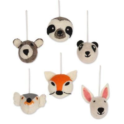 Happy Animals,'Hand Crafted Animal Face Wool Felt Ornaments (Set of 6)'