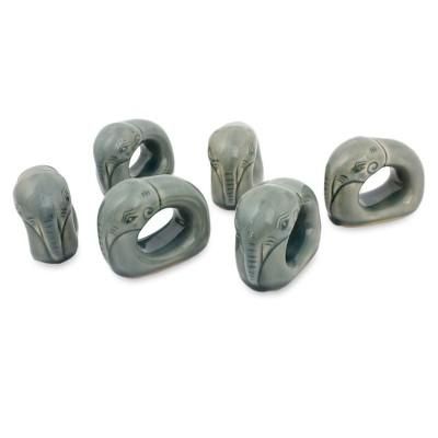 Celadon ceramic napkin rings, 'Guardian Elephant' (set of 6)