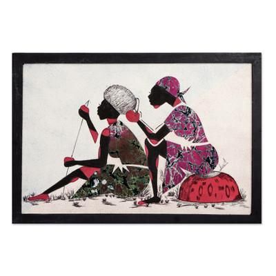 Feminine Bonds,'Signed and Handcrafted Cotton Batik Wall Art from Ghana'