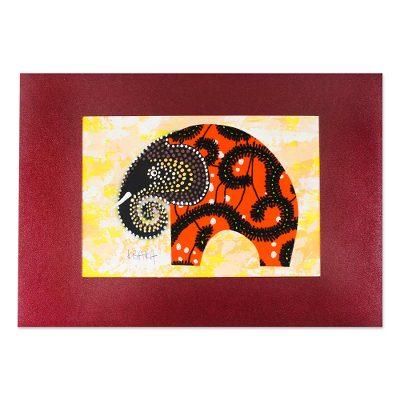 Saffron Elephant,'Signed Cotton Accented Elephant Painting in Saffron'