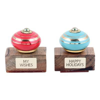 'Set of 2 Mango Wood Stamps Hand-Painted in Red and Blue Hues'