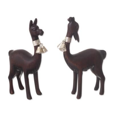 Andean Vicuñas,'Cedar Wood and Sterling Silver Vicuña Figurines (Pair)'