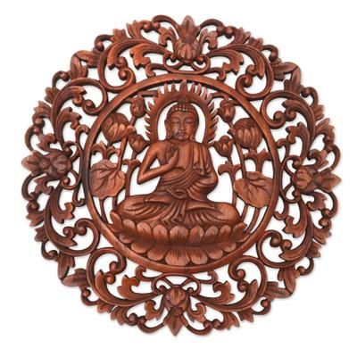 Vitarka Sage,'Brown Suar Wood Leafy Relief Panel of Sage Buddha'