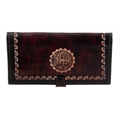 Cusco Sun,'Brown Leather Wallet with Embossed Inca Sun Symbol from Peru'