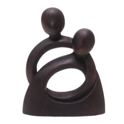 'Hand-Carved Romantic Suar Wood Sculpture of Couple Hugging'