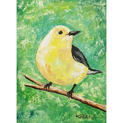 Warbler,'Acrylic Impressionist Bird Painting in Yellow and Green Hues'
