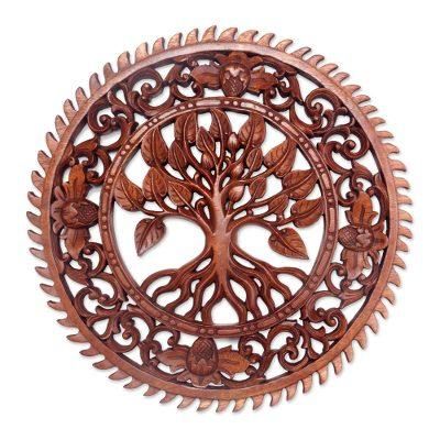 Tranquility Tree,'Hand Carved Tree Motif Wood Wall Relief Panel from Bali'
