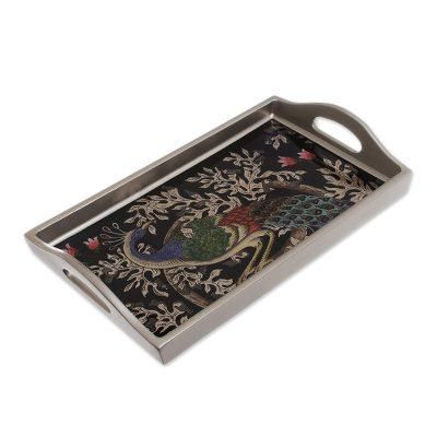 'Reverse-Painted Glass Peacock Tray in Silver (12 in.)'