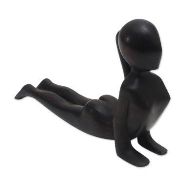 Cobra Yoga,'Signed Wood Statuette of Yoga Cobra Pose in Black'