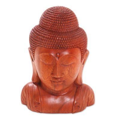 Divine Buddha,'Hand Crafted Balinese Suar Wood Buddha Head Statuette'