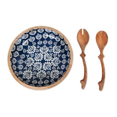 Delhi Lotus,'Handcrafted Wood Salad Bowl and Servers (3 Piece Set)'